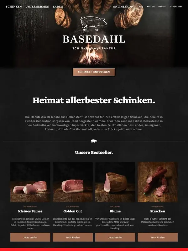 Startseite der Basedahl Schinkenmanufaktur mit Logo, Räucherfeuer und Bestsellern