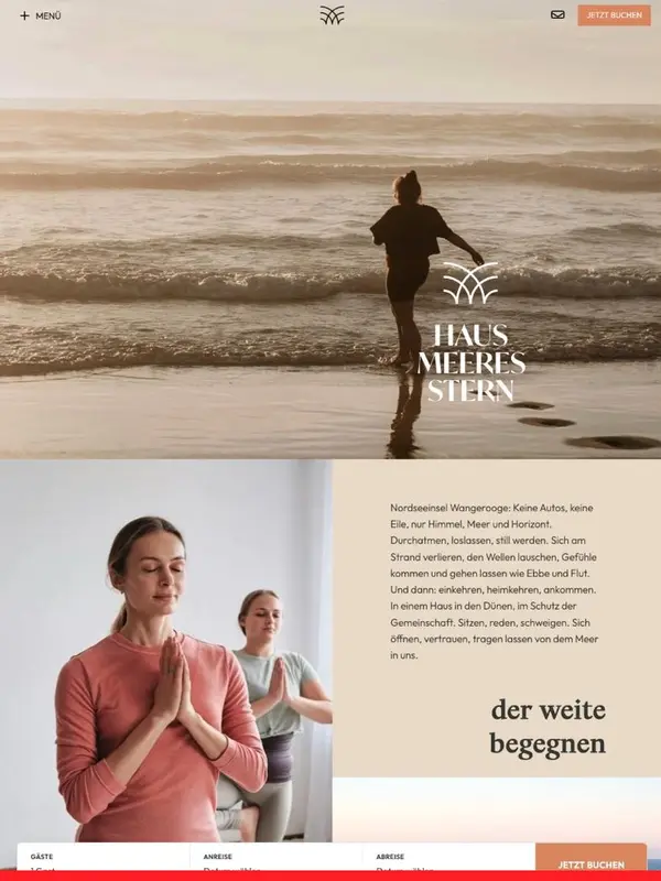 Startseite von Haus Meeresstern auf Wangerooge mit Strandmotiv und Buchungsleiste
