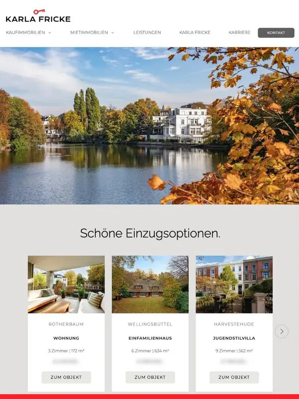 Startseite von Karla Fricke Immobilien mit Alster-Motiv und aktuellen Objekten