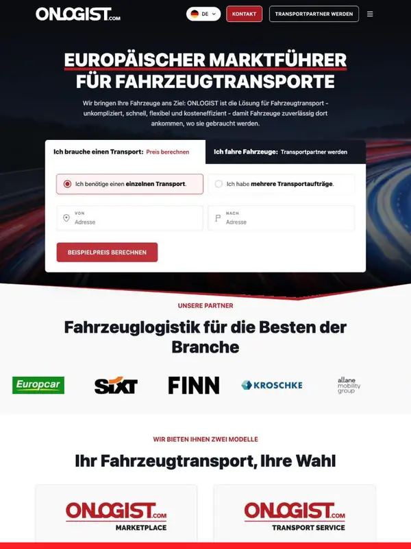 Startseite von ONLOGIST mit Preisrechner für Fahrzeugtransporte und Partnerlogos