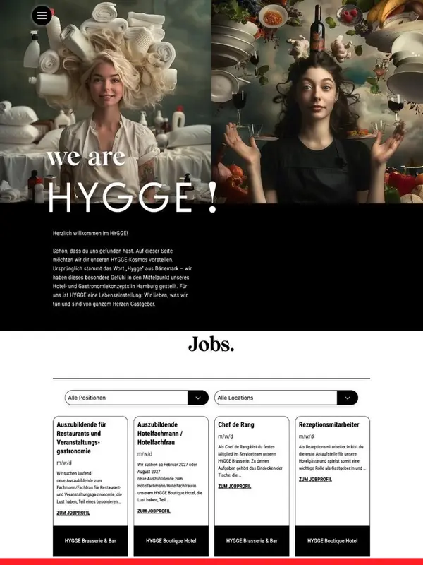 Recruiting-Website We are HYGGE mit Porträts und Jobbörse